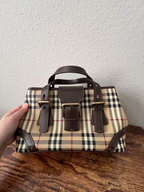 Burberry Beige Plaid Satchel with Brown Leather Trim